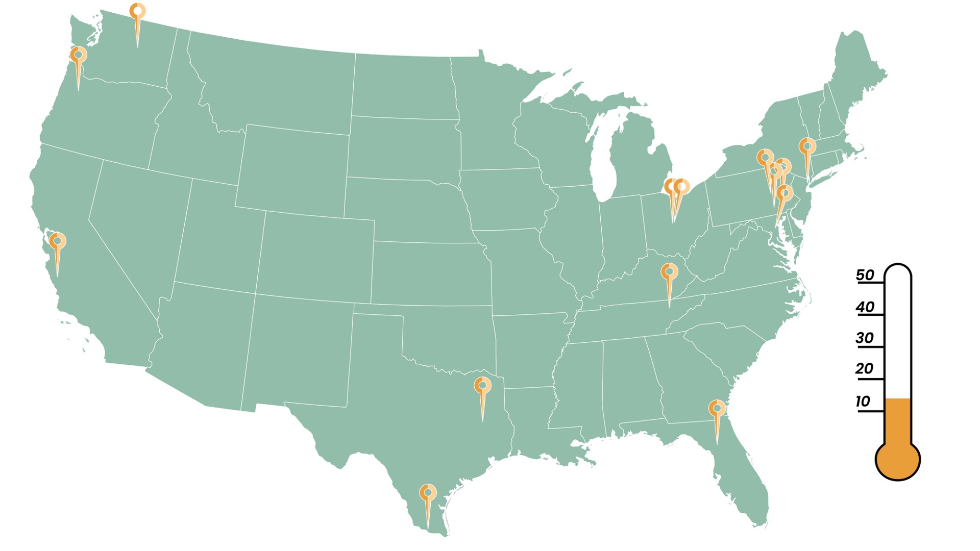 CMS ALT TEXT US map with pinned locations of IFPA Congressional Connections tour stops