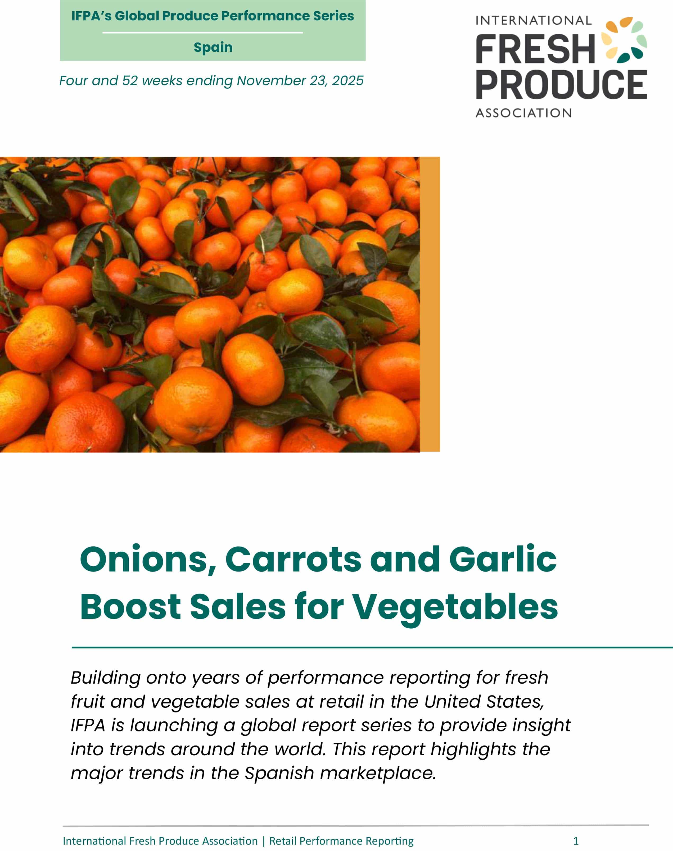 Page from a report on Spain's produce performance featuring oranges and a headline about vegetable sales trends.