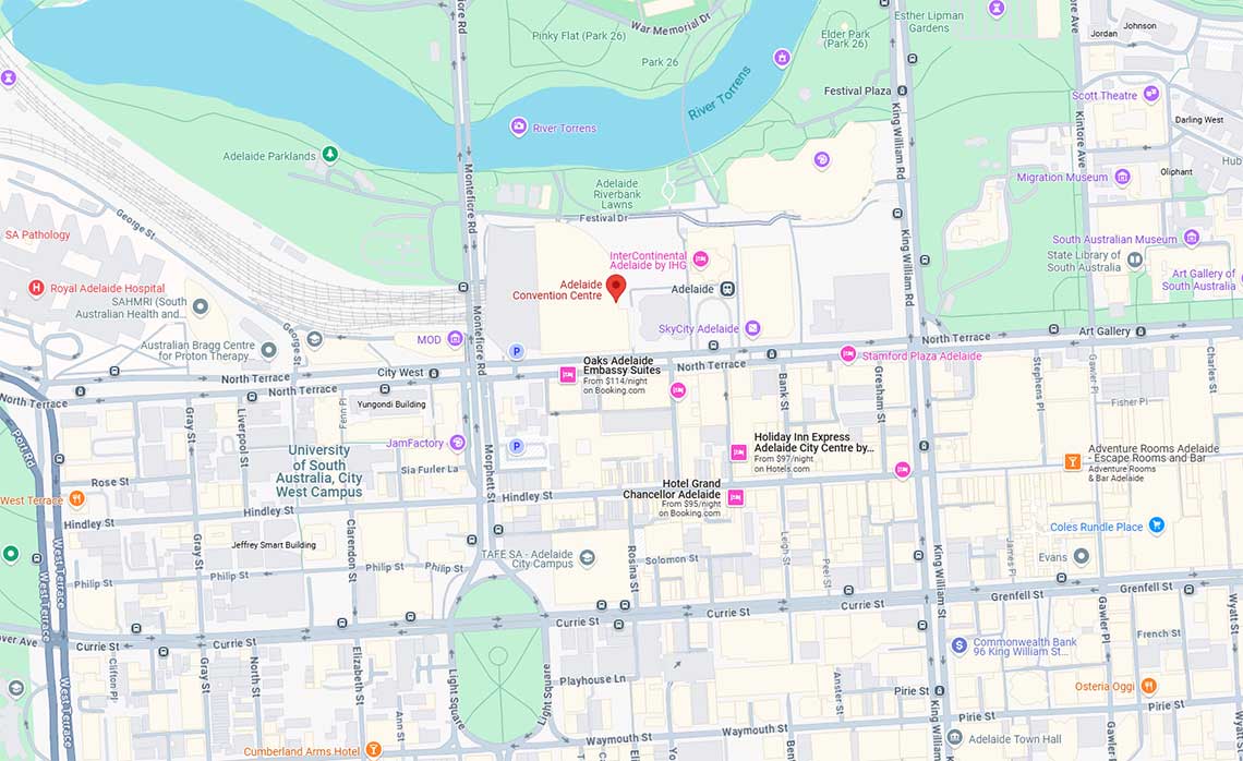 Map showing a section of Adelaide with streets, landmarks, the River Torrens, and the Adelaide Convention Centre highlighted.