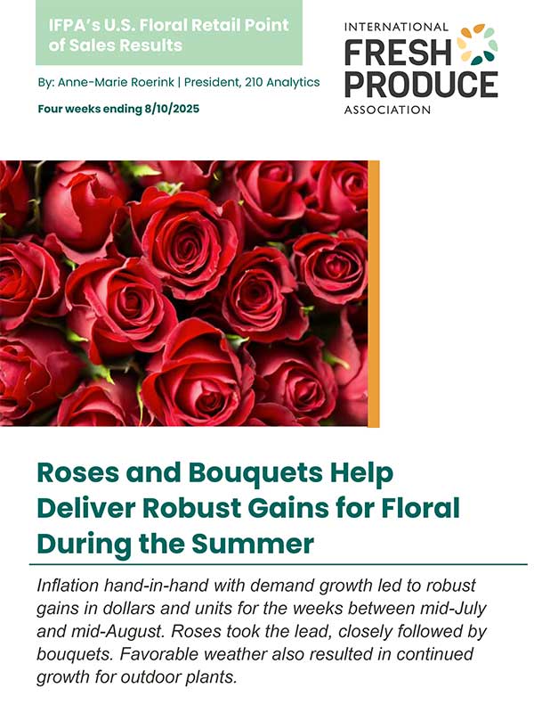 Report cover featuring red roses and the title of a summer floral sales report by the International Fresh Produce Association.