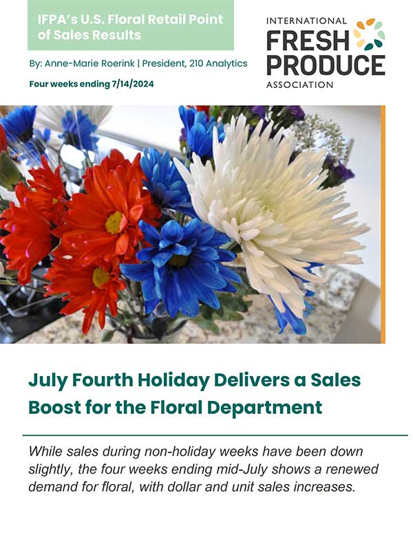 A flyer with a colorful flower bouquet and text discussing floral sales growth due to the July Fourth holiday.