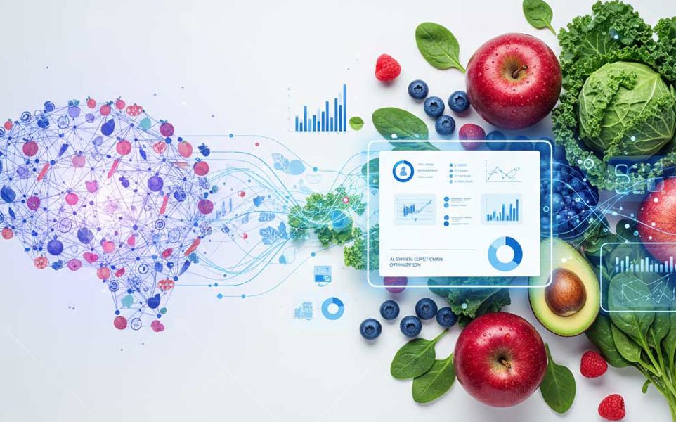 Digital illustration of a brain made from nodes and lines merging with fresh fruits and vegetables, overlaid with data charts.