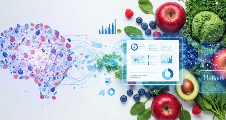 Digital illustration of a brain made from nodes and lines merging with fresh fruits and vegetables, overlaid with data charts.