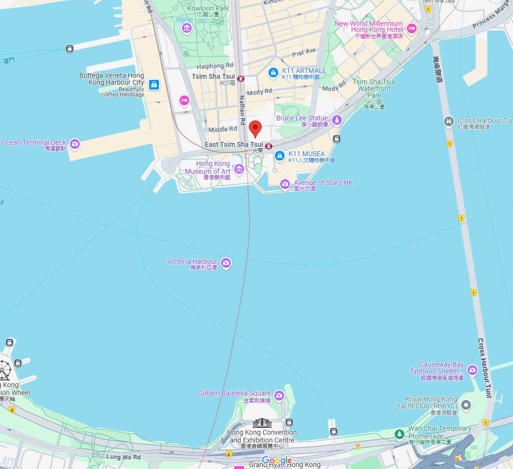 Map of Victoria Harbour in Hong Kong featuring landmarks like the Avenue of Stars and Hong Kong Museum of Art.