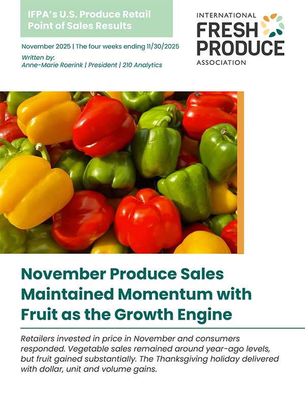 Flyer highlighting November 2025 produce sales with colorful bell peppers and text about sales trends.