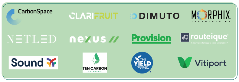 CMS ALT TEXT Logos of twelve companies who received the Fresh Field Catalyst Awards in 2022: Carbon Space, Clarifruit, Dimuto, Morphix, Netled, nexus, Provision, routeique, Sound, Ten Carbon, The Yield and Vitiport